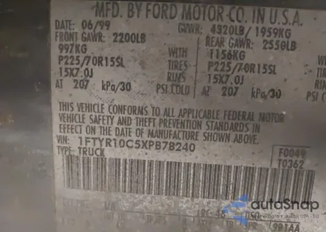 1999 Ford Ranger Xl/Xlt from USA, damaged, VIN 1FTYR10C5XPB78240